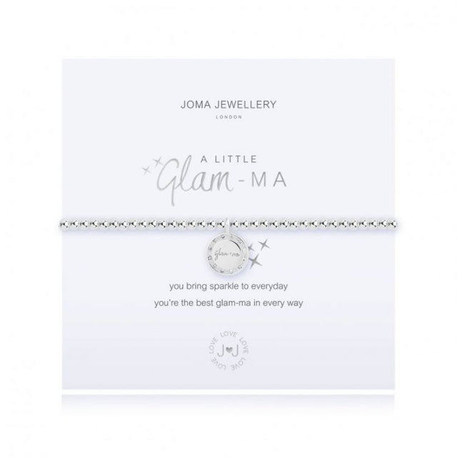 This Glam-Ma Joma bracelet features a beautiful silver plated stretch design and the sweetest little sentiment engraved disc charm.