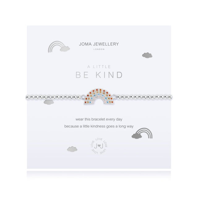 This Be Kind A Littlebracelet features a beautiful silver plated stretch design and the sweetest little rainbow charm.