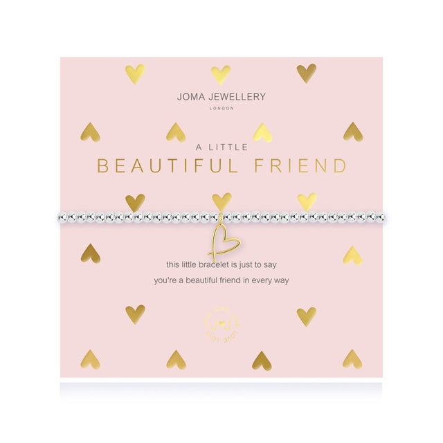 This glistening Beautiful Friend A Little Joma bracelet features a stretch bead design, golden and silver-plating and a handrawn outlined heart-shape to help let a special friend know just how loved they truly are in every way!