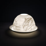 Cello porcelain tealight holder dome, in our dolphin design. This design displays dolphins leaping out of the ocean together. We offer a wide range of porcelain tealight holders to let you choose your show stopping piece and show it off with pride when guests and family are over.