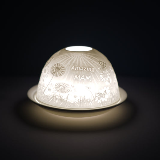 Cello porcelain tealight holder dome, in our amazing Mam design. This design displays the text "amazing Mam" surrounded by wildlife. We offer a wide range of porcelain tealight holders to let you choose your show-stopping piece.