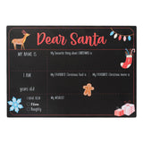 A chalkboard with Christmas-themed decorations, including a reindeer, Santa Claus, and festive items like stockings and ornaments. It has sections for personalization, such as adding a name and birthday, and space for drawing and writing.