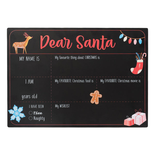 A chalkboard with Christmas-themed decorations, including a reindeer, Santa Claus, and festive items like stockings and ornaments. It has sections for personalization, such as adding a name and birthday, and space for drawing and writing.